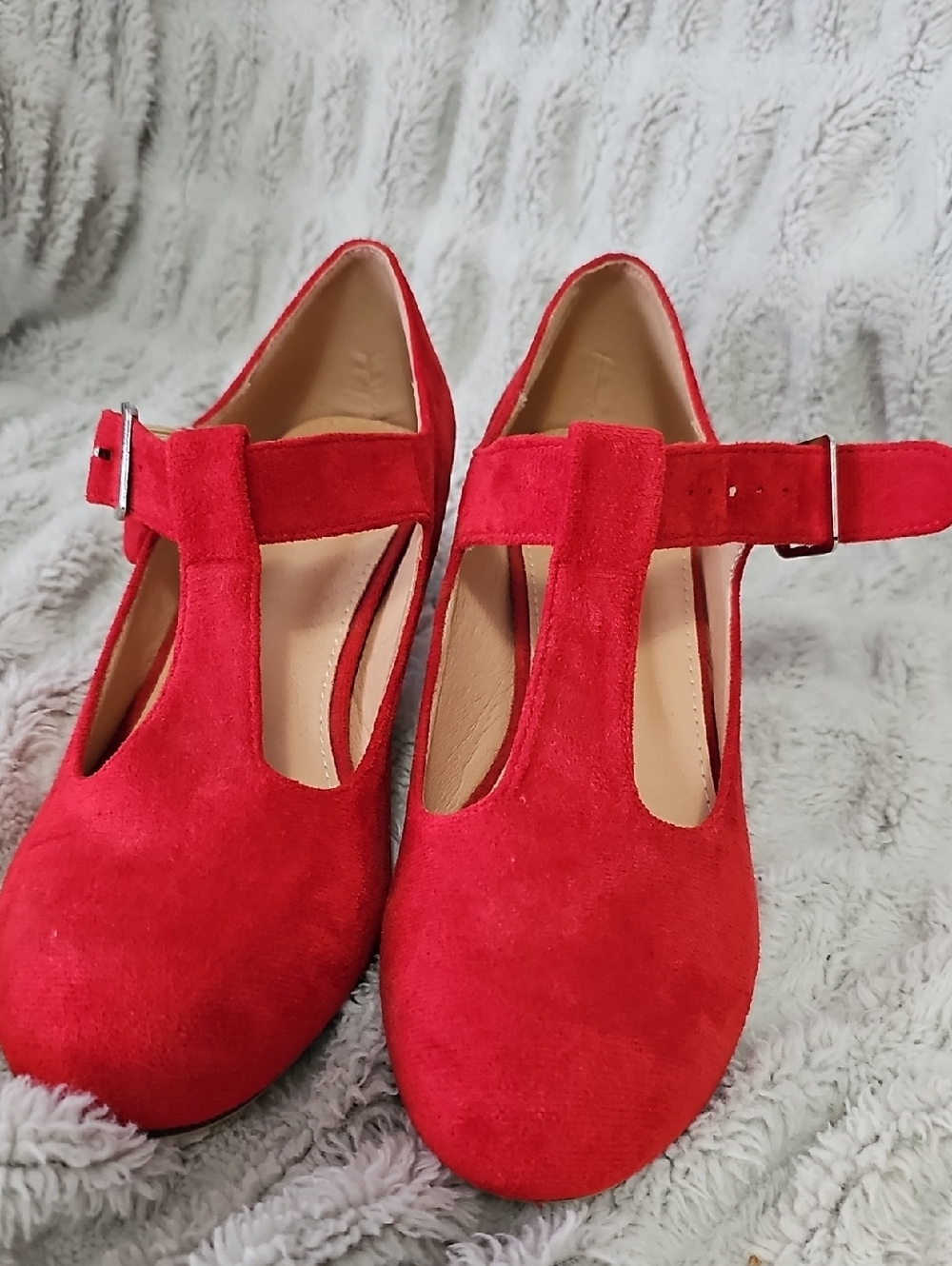 Women's Red Suede T-Strap Heels